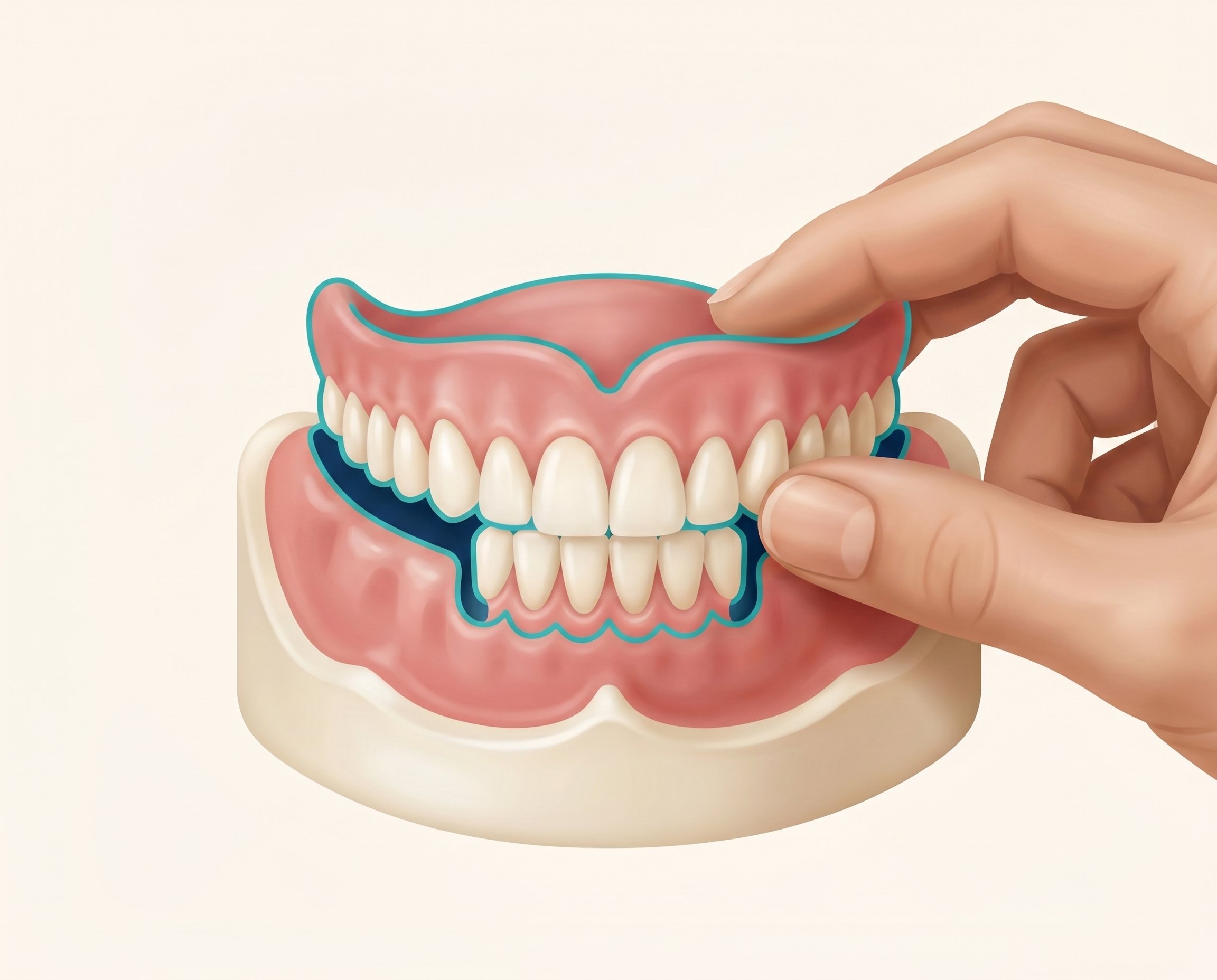 Illustration of a custom denture being fitted chairside