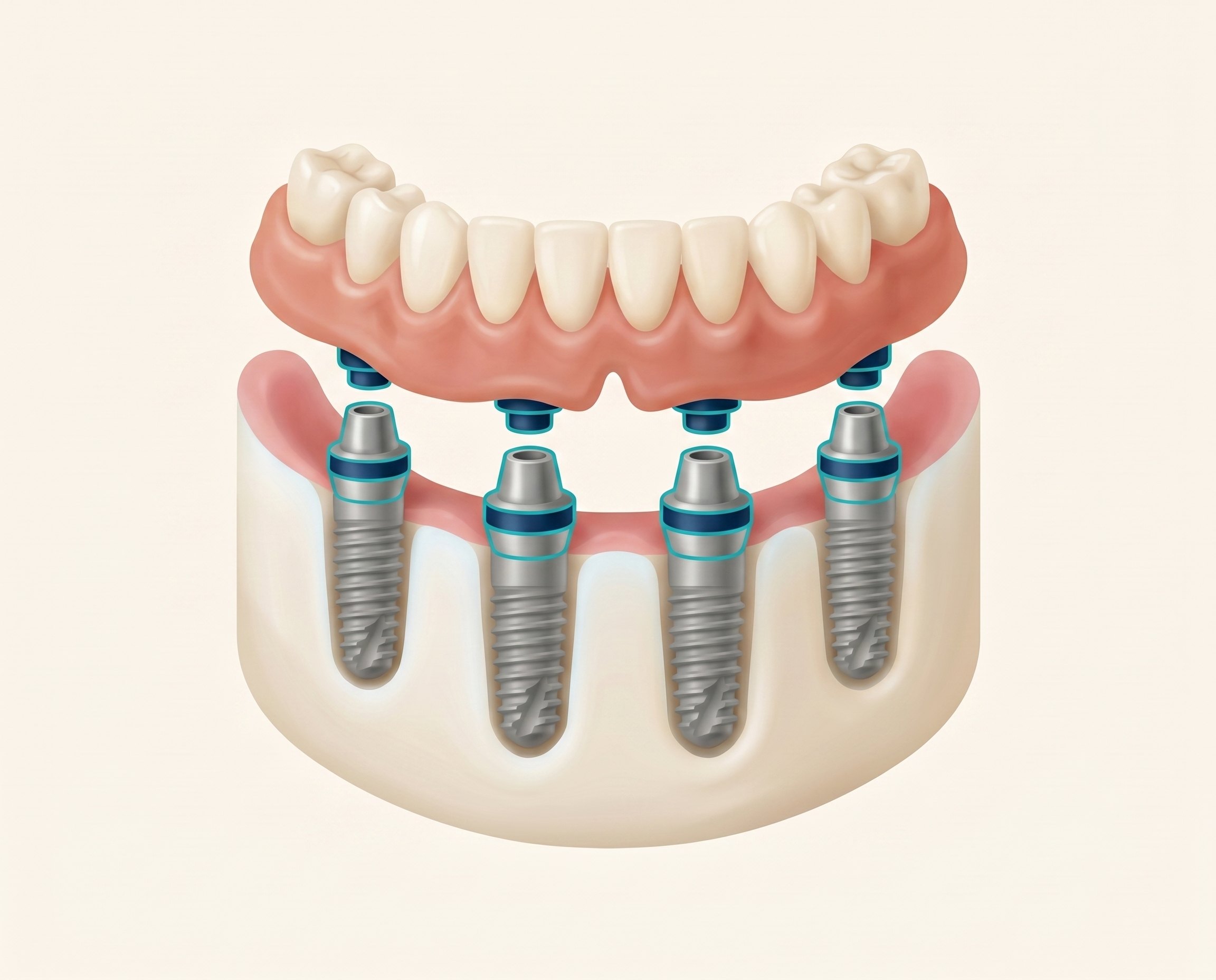 Illustration of a locator denture snapping onto implants