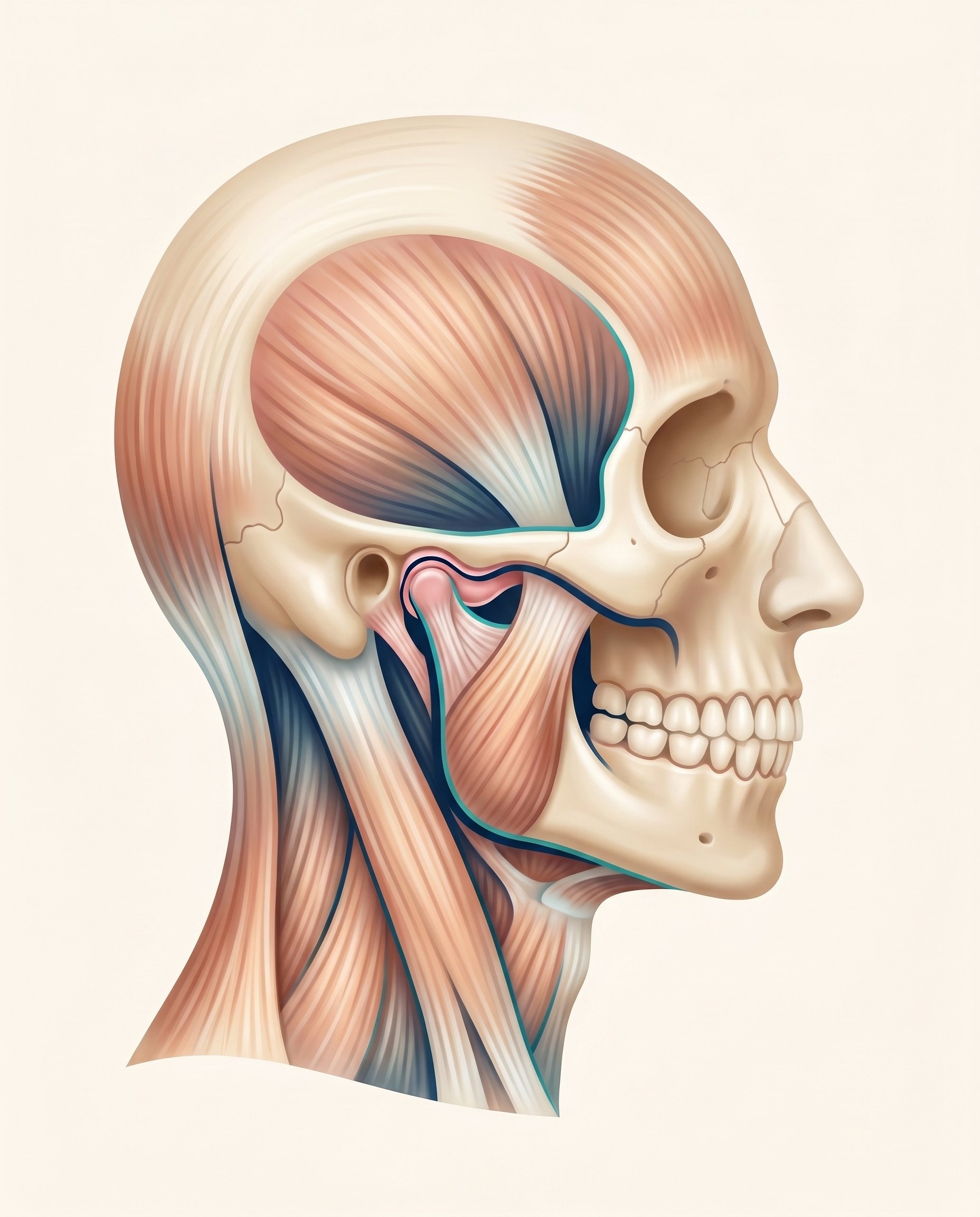 Illustration of the jaw joint and the muscles connecting into the head and neck