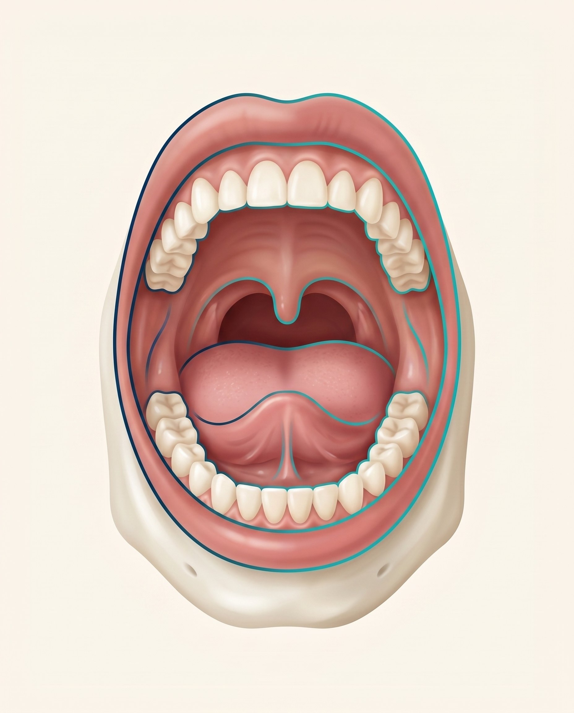 Illustration of oral cavity anatomy with screening zones highlighted