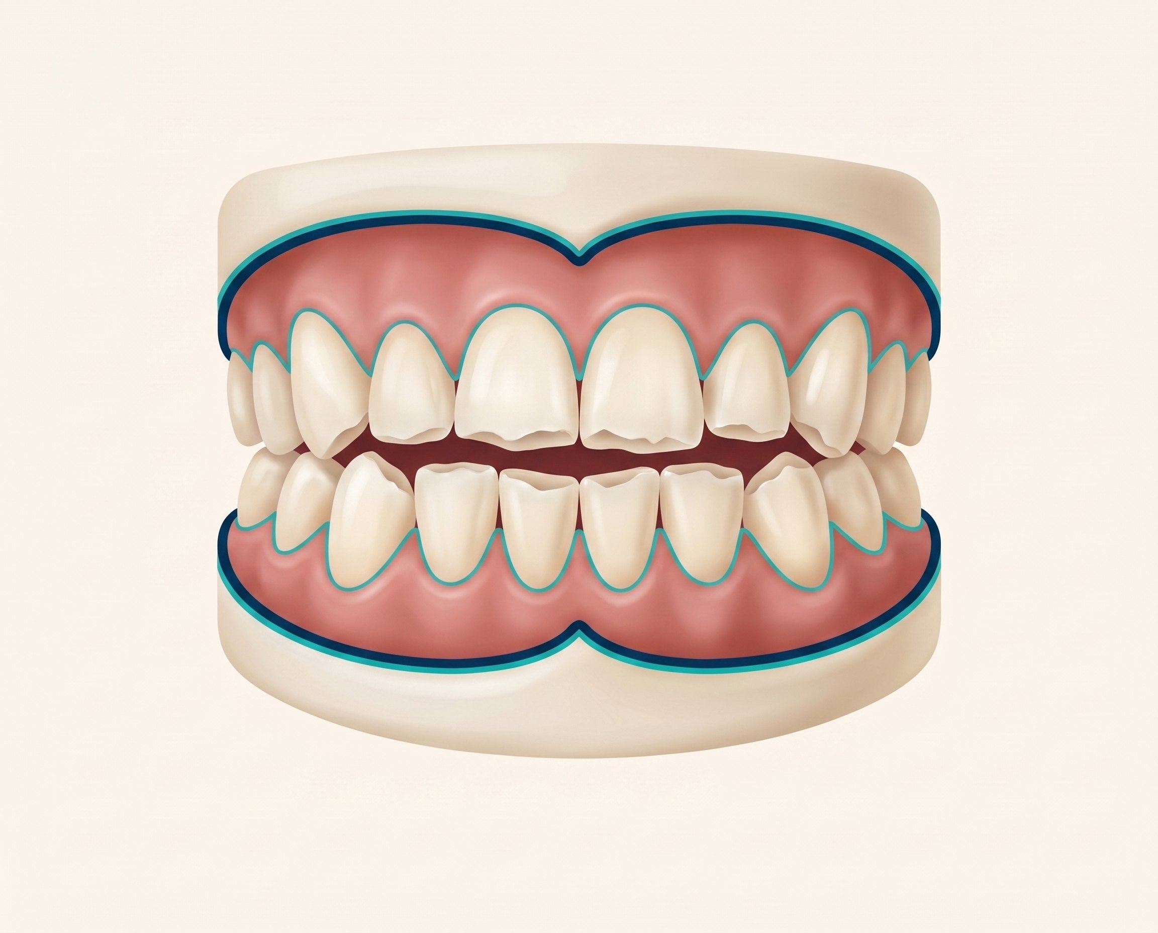 Illustration of worn and chipped front teeth from bite misalignment