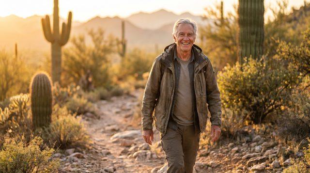 An active senior man walking a desert trail
