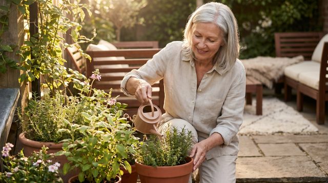 A vibrant senior woman gardening on a sunny patio