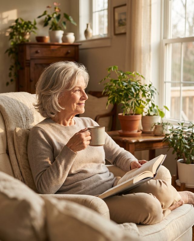 A content senior woman relaxing with a book and coffee